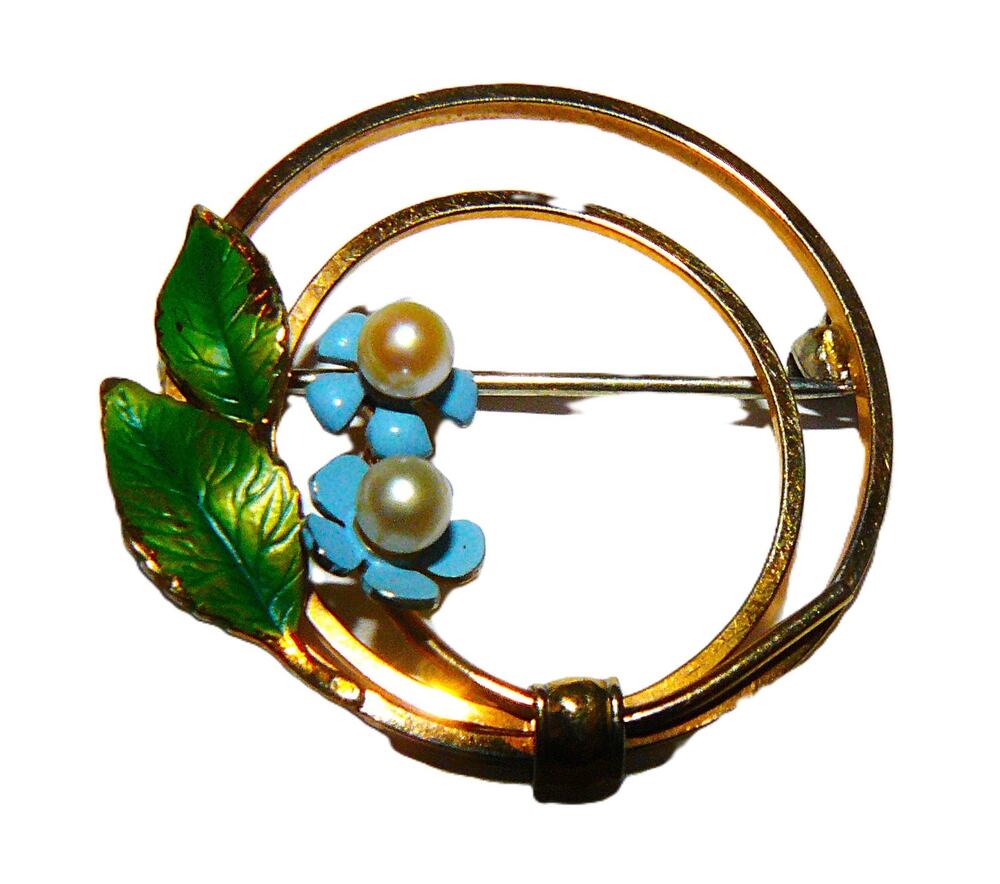 Krementz Vintage Gold Tone Circle Brooch Pin Enamel Leaves Blue Forget Me Nots